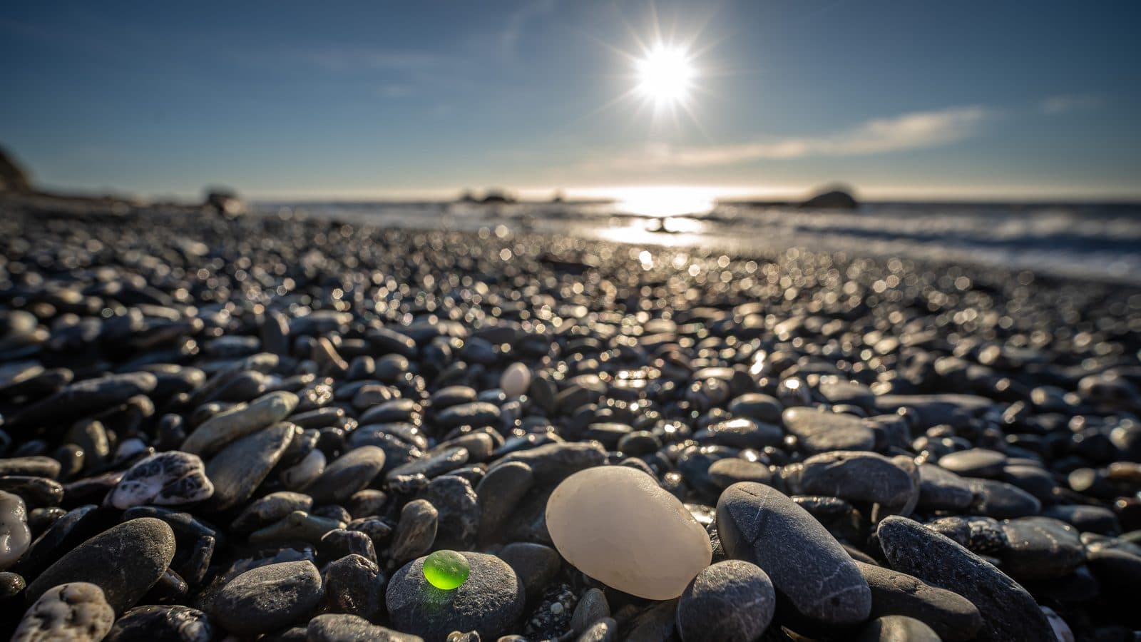 A green sea glass pebble catching the sun on an Oregon beach