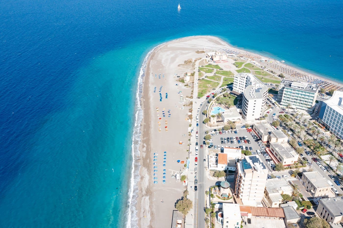 Aerial view of Elli Beach at the northern tip of Rhodes Town