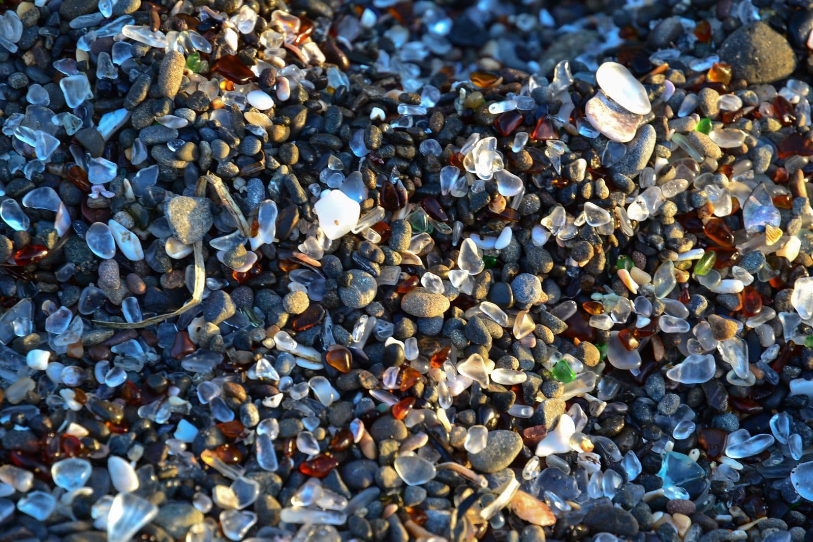 Frosted glass catching golden light among the pebbles at Fort Bragg
