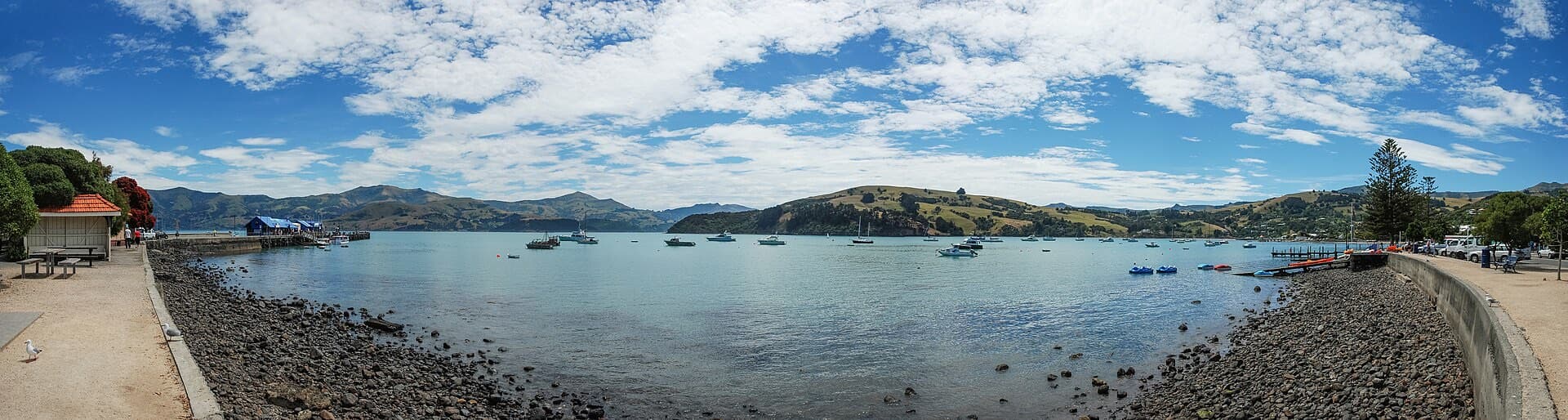 The stony beach beside the main wharf at French Bay, Akaroa, in January 2010